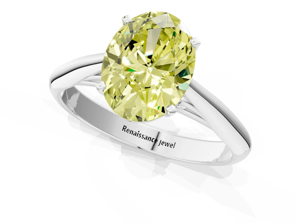 White gold Fancy Yellow Oval Cut Diamond Solitaire Engagement Ring with Cathedral Setting and Four-Prong Mount