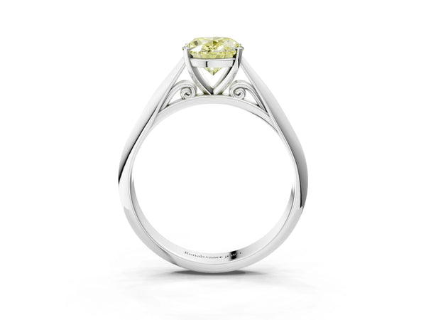 White gold Fancy Yellow Oval Cut Diamond Solitaire Engagement Ring with Cathedral Setting and Four-Prong Mount