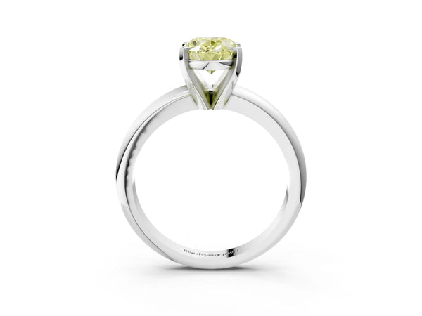 Platinum Fancy Yellow Oval Cut Diamond Solitaire Engagement Ring with Round Band and Four-Prong Setting