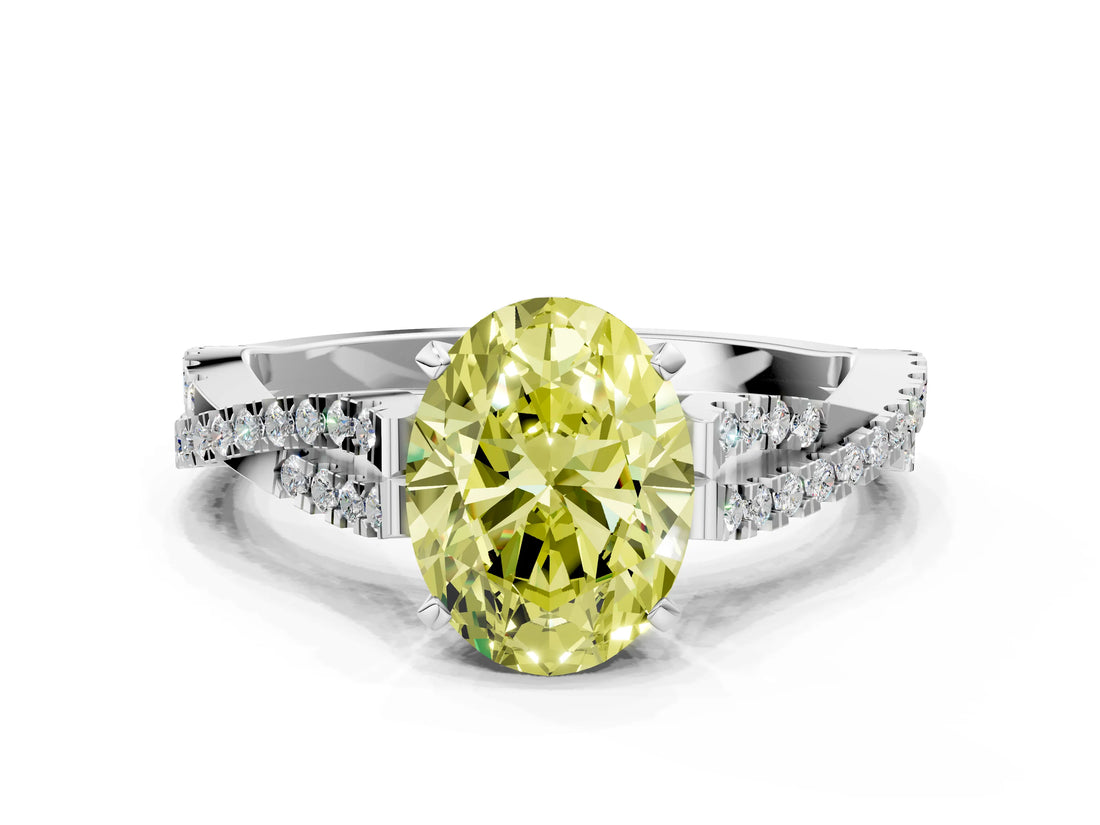 White gold Fancy Yellow Oval Cut Diamond Solitaire Engagement Ring with Twisted Pavé Band and Four-Prong Setting_93