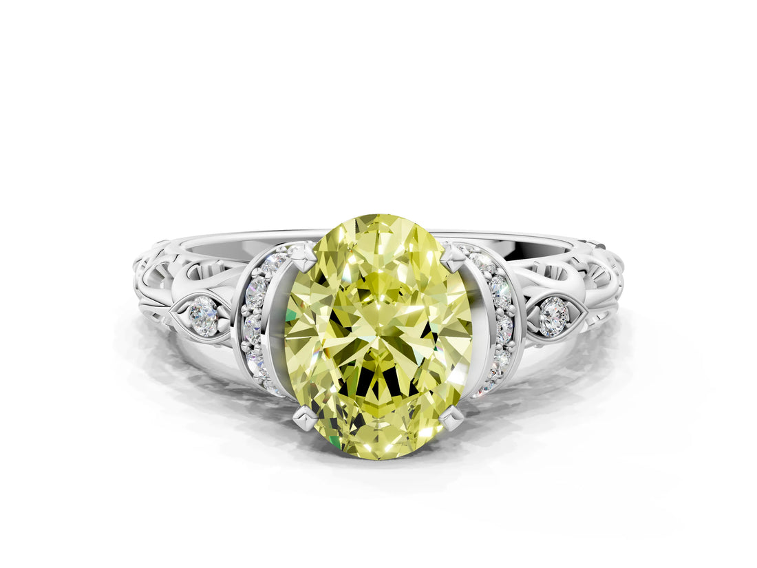 White gold Fancy Yellow Oval Cut Diamond Solitaire Ring with Filigree Band and Four-Prong Setting_81