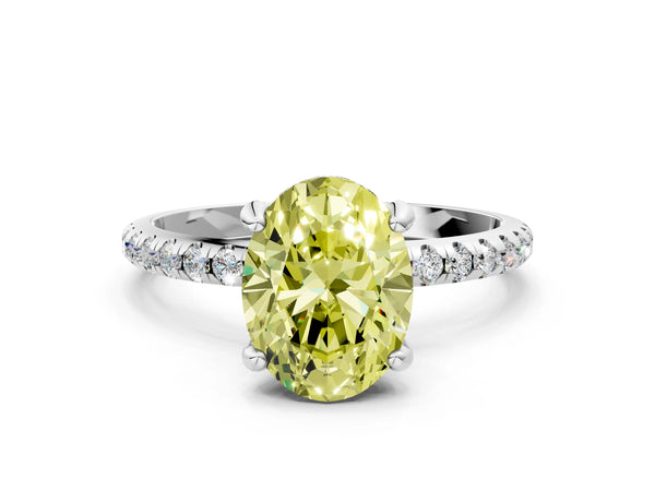 White gold Fancy Yellow Oval Cut Diamond Solitaire Ring with Four-Prong Setting and Pavé Band