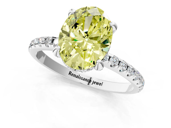 White gold Fancy Yellow Oval Cut Diamond Solitaire Ring with Four-Prong Setting and Pavé Band