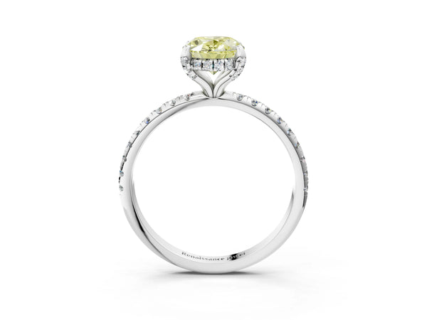 White gold Fancy Yellow Oval Cut Diamond Solitaire Ring with Four-Prong Setting and Pavé Band