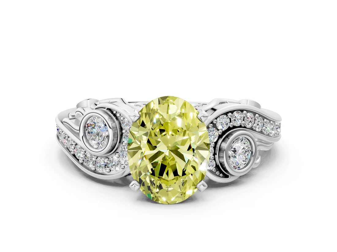 White gold Fancy Yellow Oval Cut Diamond Solitaire Ring with Milgrain Pavé Band and Four-Prong Setting_224