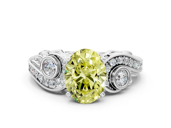White gold Fancy Yellow Oval Cut Diamond Solitaire Ring with Milgrain Pavé Band and Four-Prong Setting
