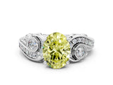 White gold Fancy Yellow Oval Cut Diamond Solitaire Ring with Milgrain Pavé Band and Four-Prong Setting_225