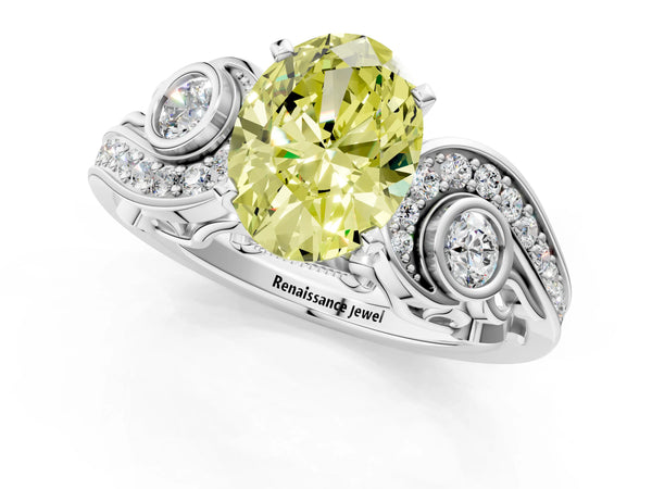 White gold Fancy Yellow Oval Cut Diamond Solitaire Ring with Milgrain Pavé Band and Four-Prong Setting