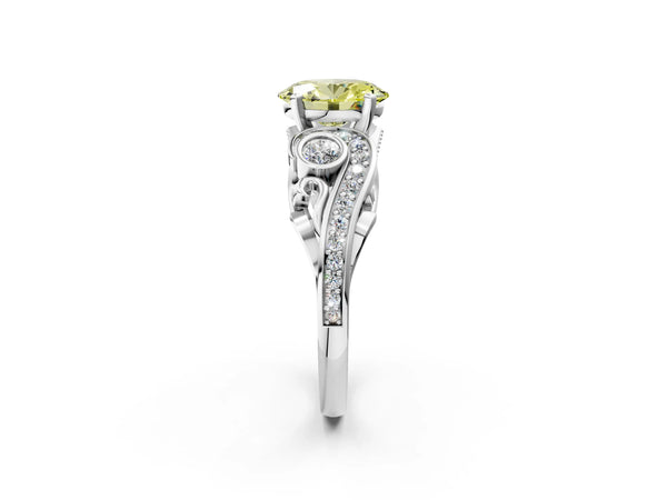 White gold Fancy Yellow Oval Cut Diamond Solitaire Ring with Milgrain Pavé Band and Four-Prong Setting