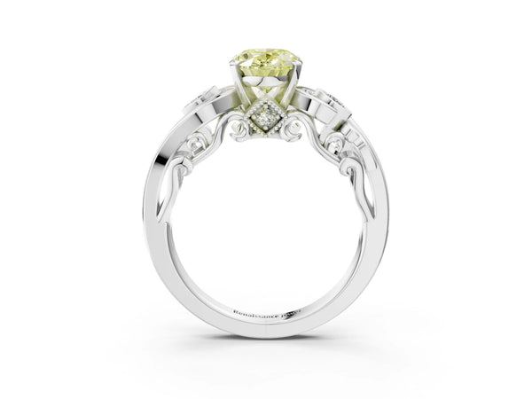 White gold Fancy Yellow Oval Cut Diamond Solitaire Ring with Milgrain Pavé Band and Four-Prong Setting