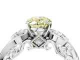 White gold Fancy Yellow Oval Cut Diamond Solitaire Ring with Milgrain Pavé Band and Four-Prong Setting_229