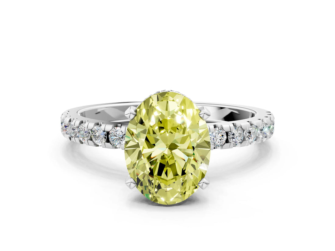 White gold Fancy Yellow Oval Cut Diamond Solitaire Ring with Pavé Band and Four-Prong Setting_56