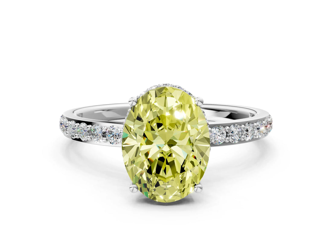 White gold Fancy Yellow Oval Cut Diamond Solitaire Ring with Pavé Band and Hidden Halo_30