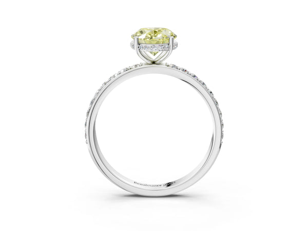 White gold Fancy Yellow Oval Cut Diamond Solitaire Ring with Pavé Band and Hidden Halo