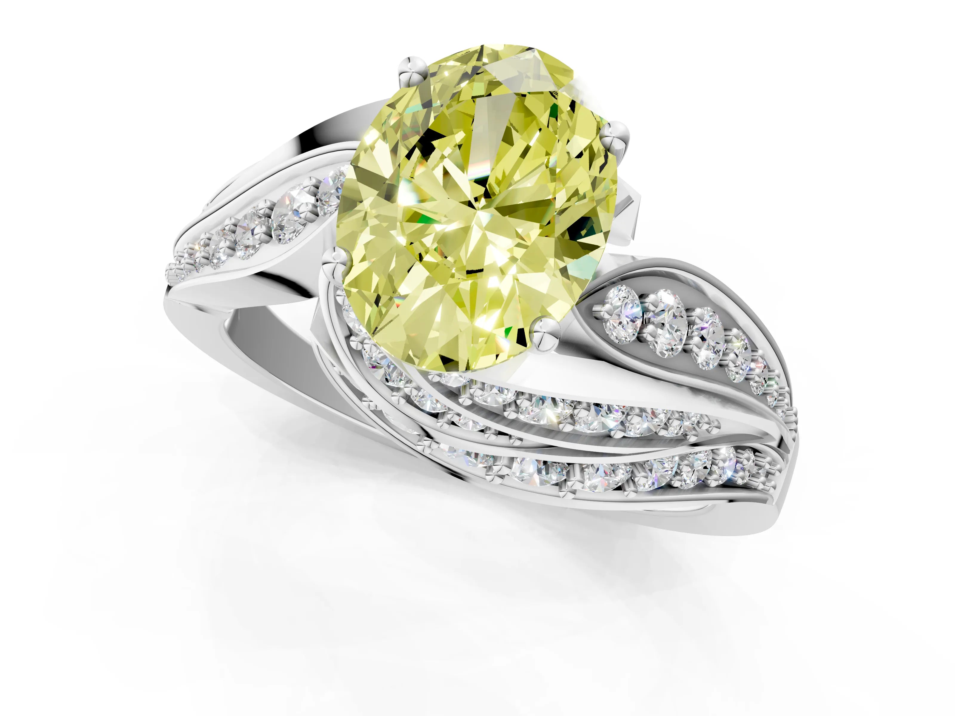 White gold Fancy Yellow Oval Cut Diamond Solitaire Ring with Prong Setting and Twisted Pavé Band_1