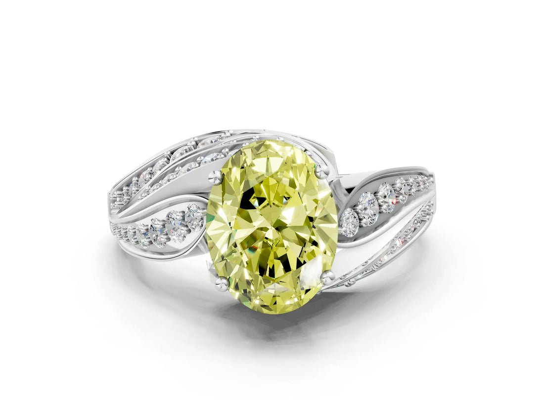 White gold Fancy Yellow Oval Cut Diamond Solitaire Ring with Prong Setting and Twisted Pavé Band_24