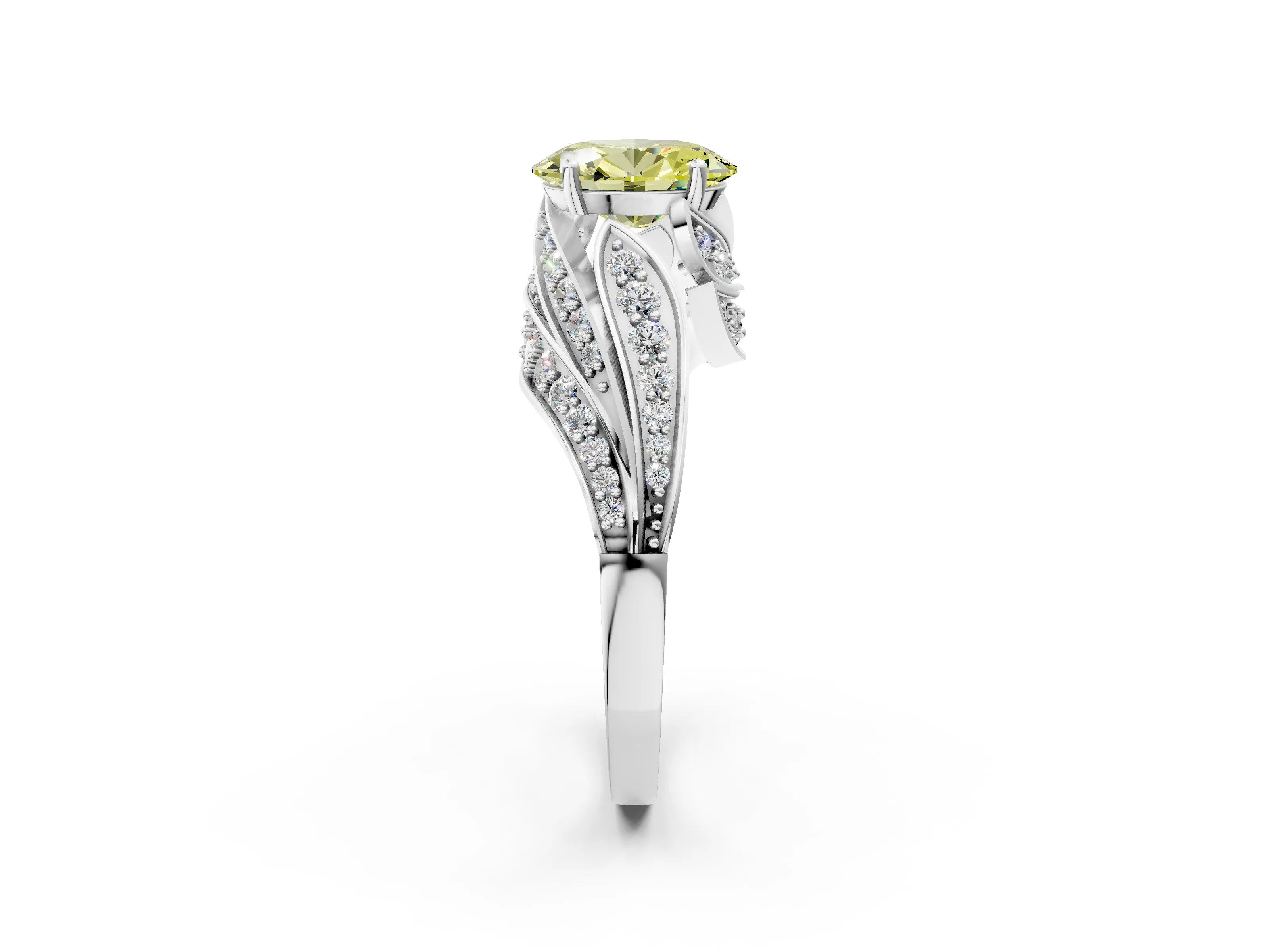 White gold Fancy Yellow Oval Cut Diamond Solitaire Ring with Prong Setting and Twisted Pavé Band_26