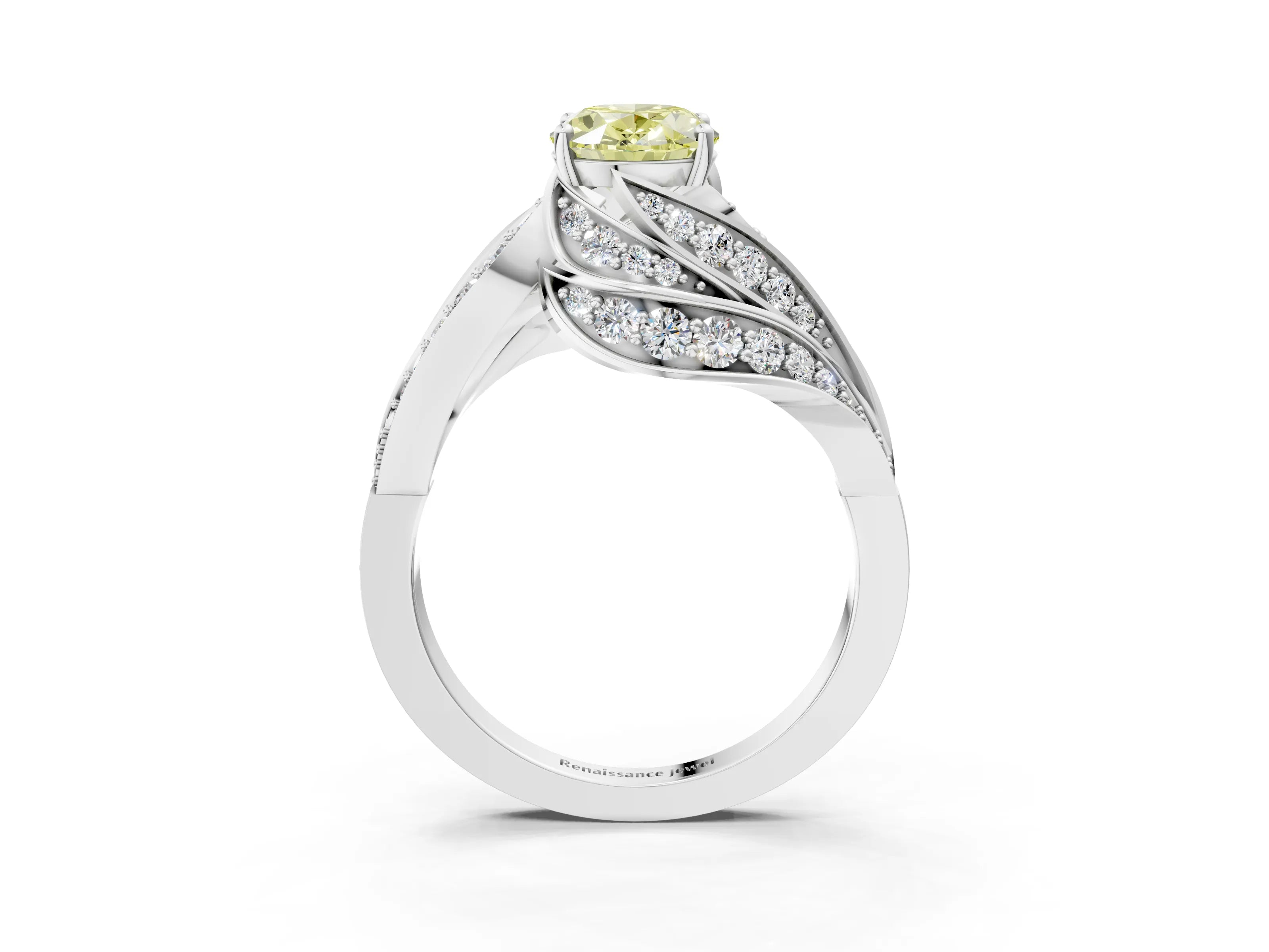 White gold Fancy Yellow Oval Cut Diamond Solitaire Ring with Prong Setting and Twisted Pavé Band_27
