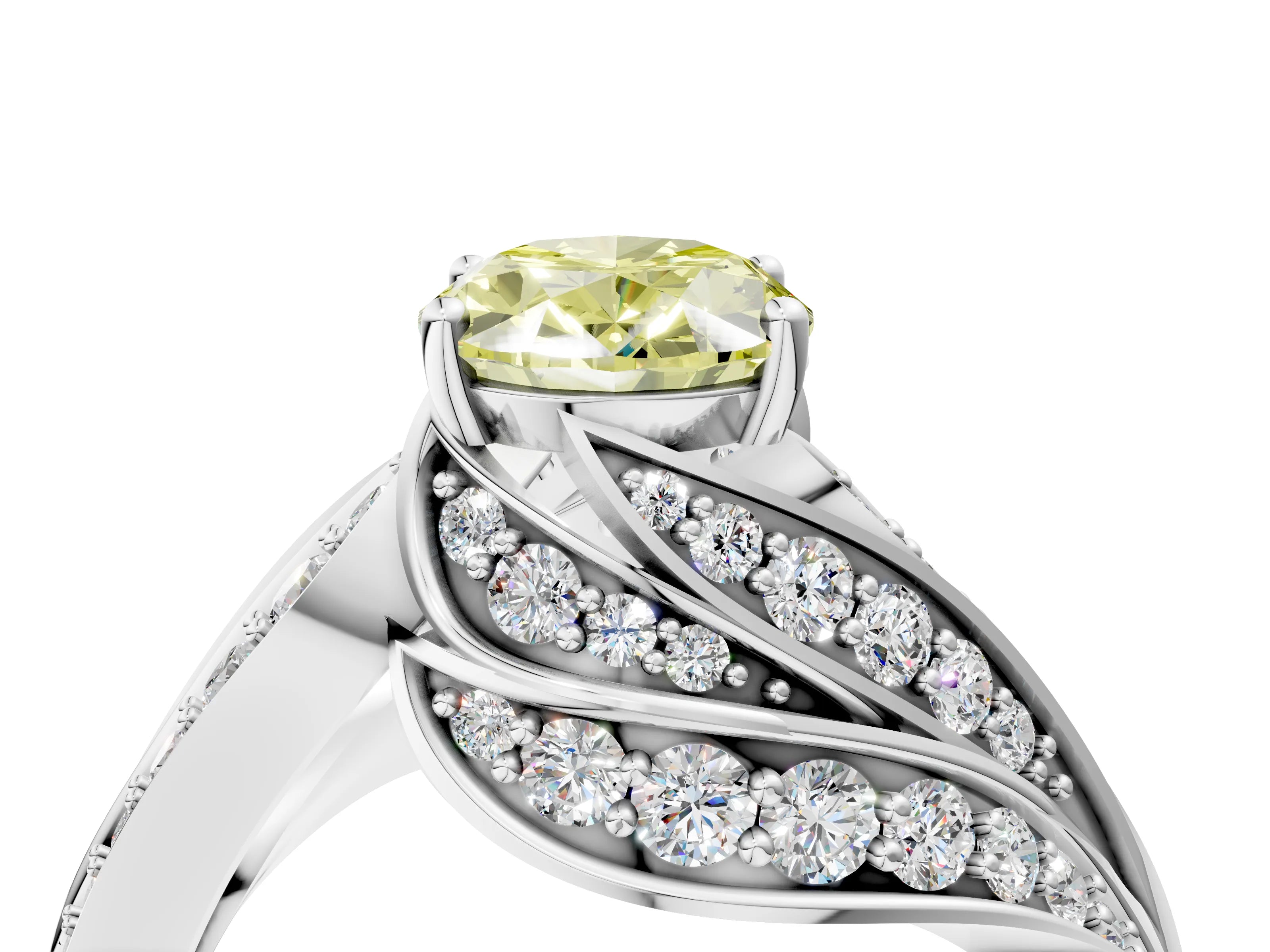 White gold Fancy Yellow Oval Cut Diamond Solitaire Ring with Prong Setting and Twisted Pavé Band_28