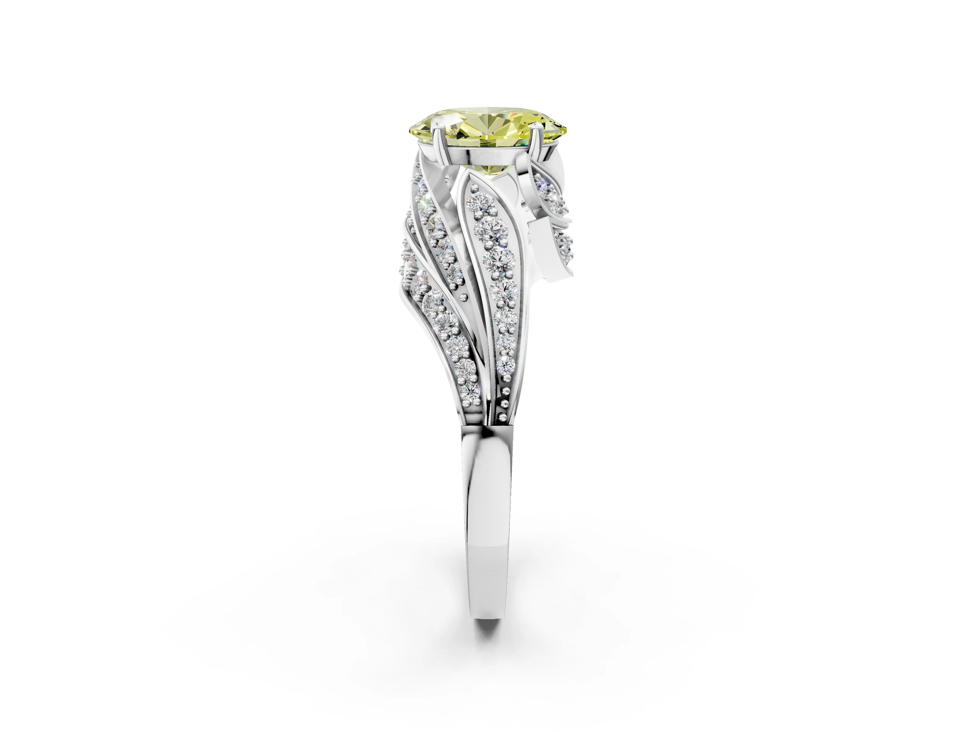 White gold Fancy Yellow Oval Cut Diamond Solitaire Ring with Prong Setting and Twisted Pavé Band_2