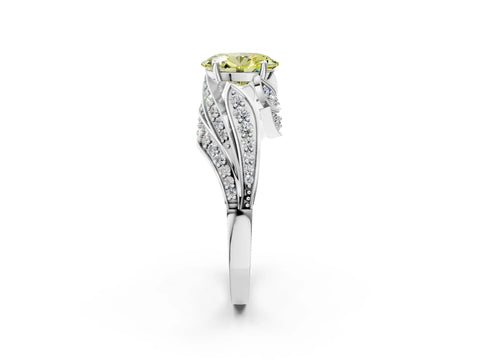 White gold Fancy Yellow Oval Cut Diamond Solitaire Ring with Prong Setting and Twisted Pavé Band_2