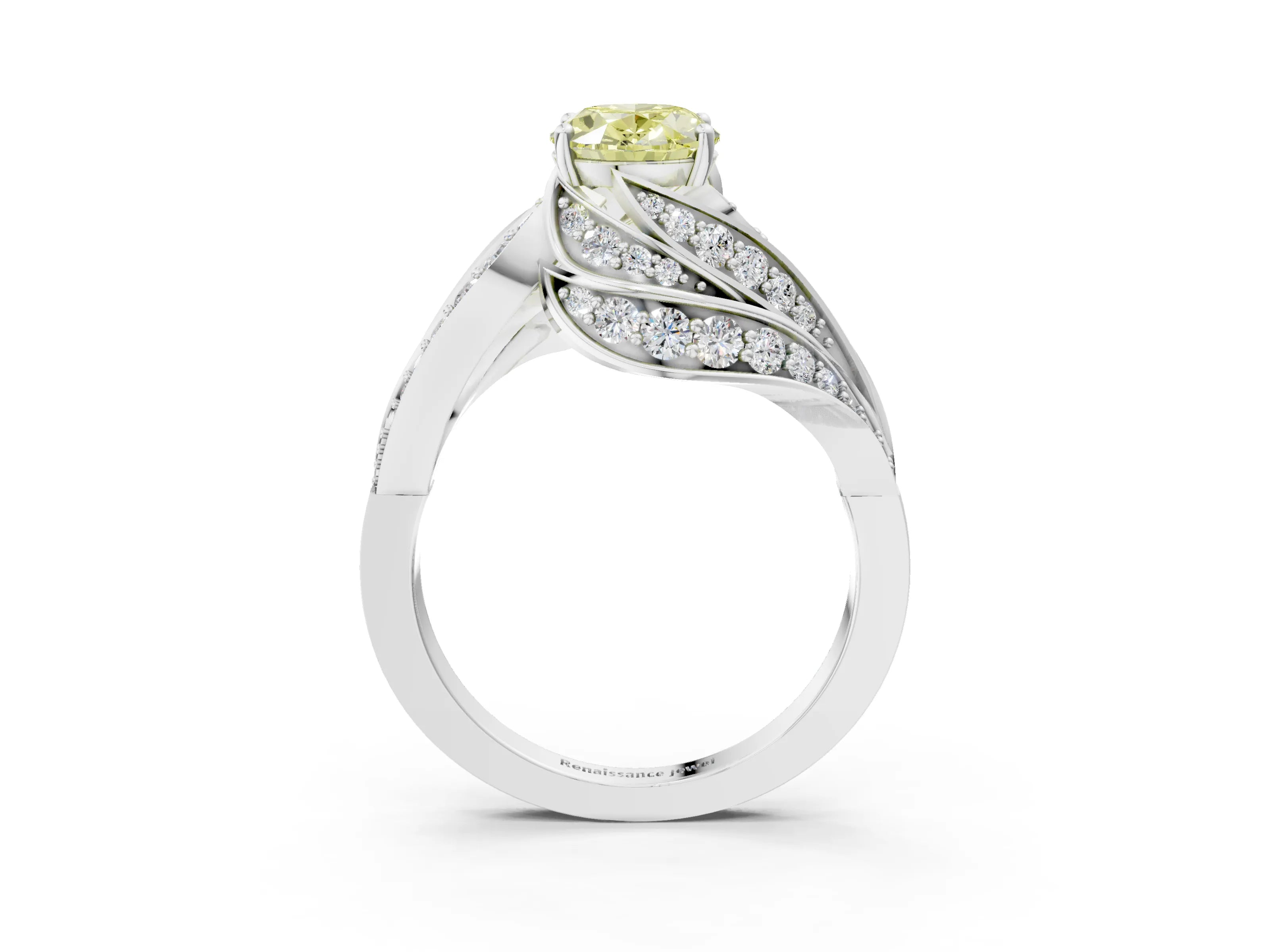 White gold Fancy Yellow Oval Cut Diamond Solitaire Ring with Prong Setting and Twisted Pavé Band_3