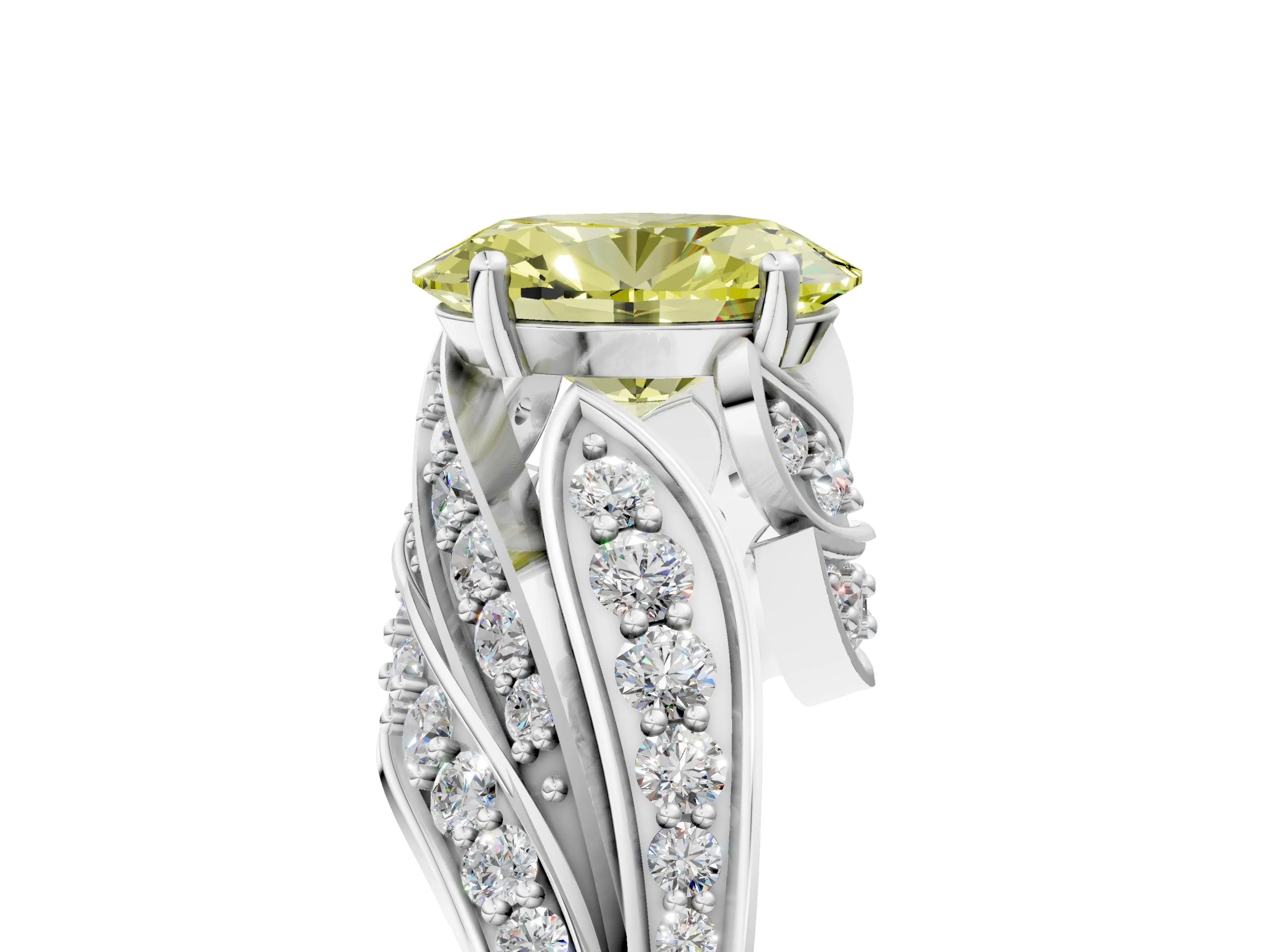 White gold Fancy Yellow Oval Cut Diamond Solitaire Ring with Prong Setting and Twisted Pavé Band_5