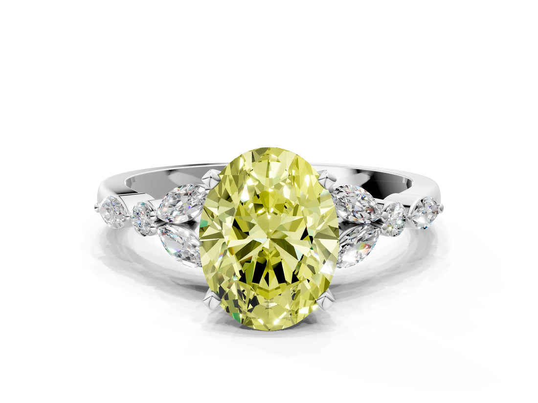 White gold Fancy Yellow Oval Cut Diamond Solitaire Ring with Side Stones and Four-Prong Setting_101