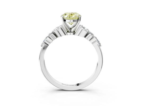 White gold Fancy Yellow Oval Cut Diamond Solitaire Ring with Side Stones and Four-Prong Setting