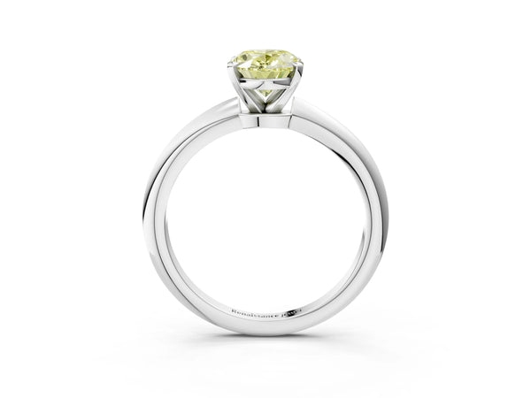 Platinum Fancy Yellow Oval Cut Diamond Solitaire Ring with Six-Prong Setting and Classic Band