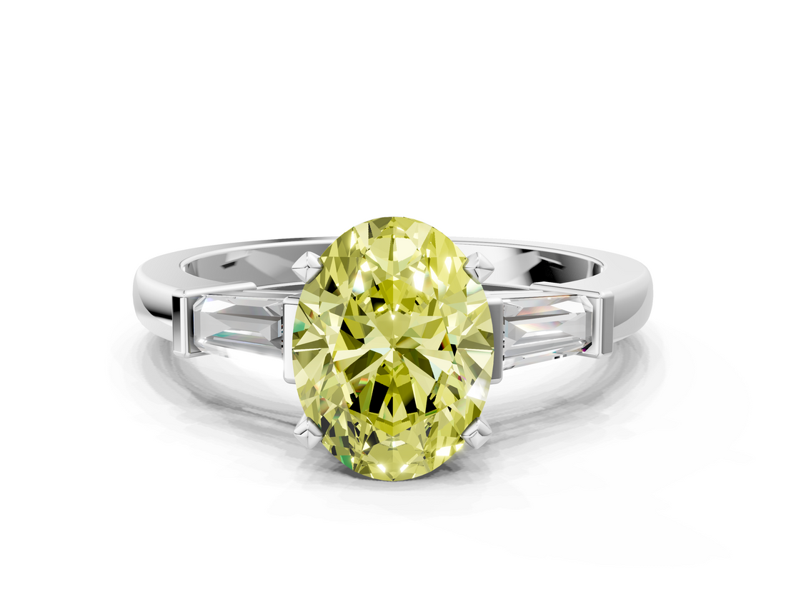 White gold Fancy Yellow Oval  Cut Diamond Solitaire Ring with Tapered Baguette Accents and Four-Prong Setting_45