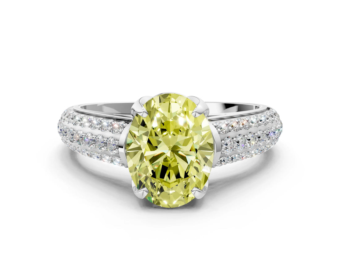 White gold Fancy Yellow Oval Cut Diamond Solitaire Ring with Three-Row Pavé Band and Four-Prong Setting_47