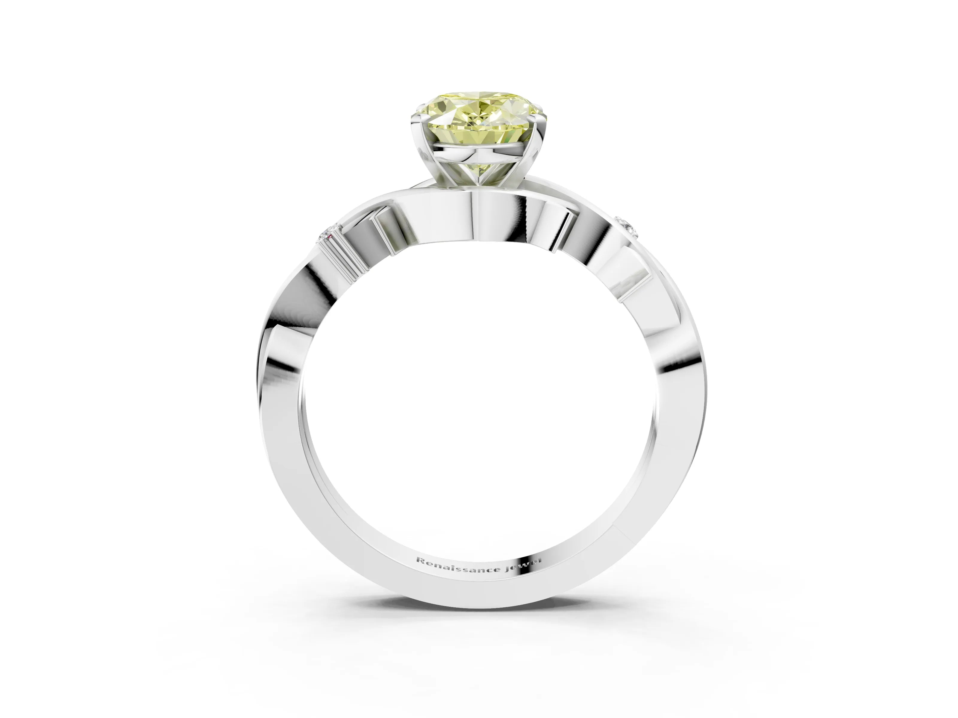White gold Fancy Yellow Oval Cut Diamond Solitaire Ring with Twisted Band and Prong Setting_221