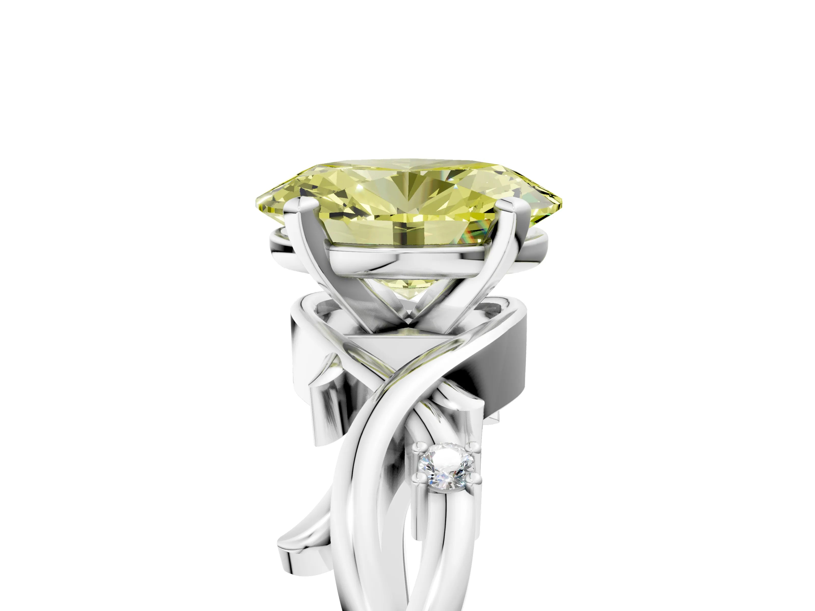 White gold Fancy Yellow Oval Cut Diamond Solitaire Ring with Twisted Band and Prong Setting_223