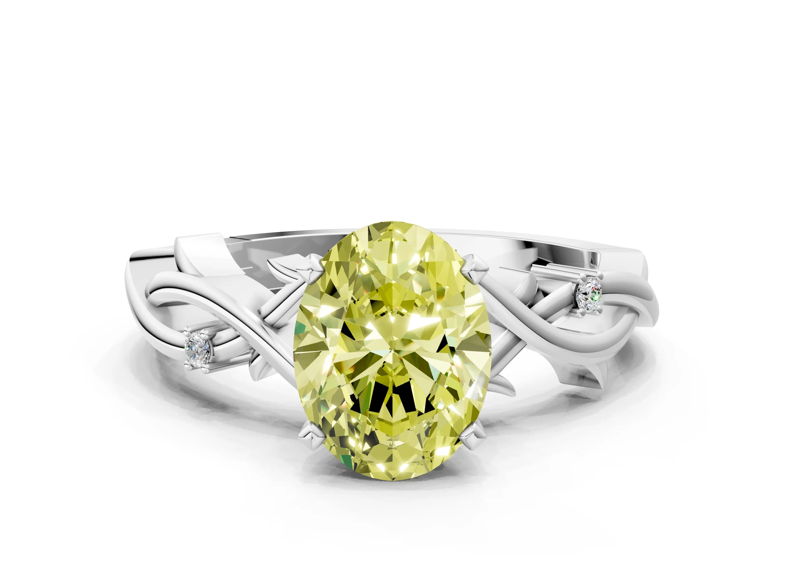 White gold Fancy Yellow Oval Cut Diamond Solitaire Ring with Twisted Band and Prong Setting_224