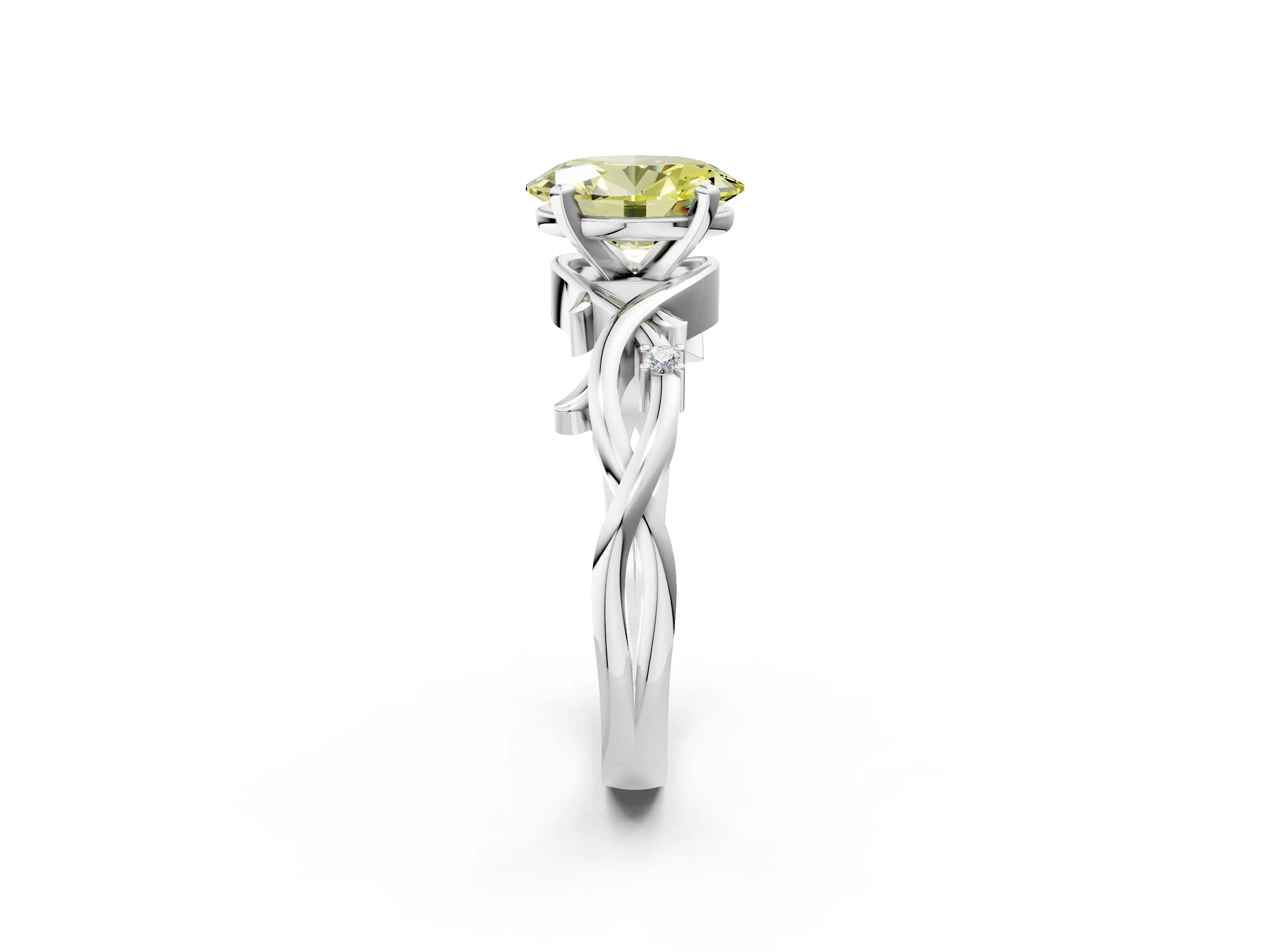White gold Fancy Yellow Oval Cut Diamond Solitaire Ring with Twisted Band and Prong Setting_226