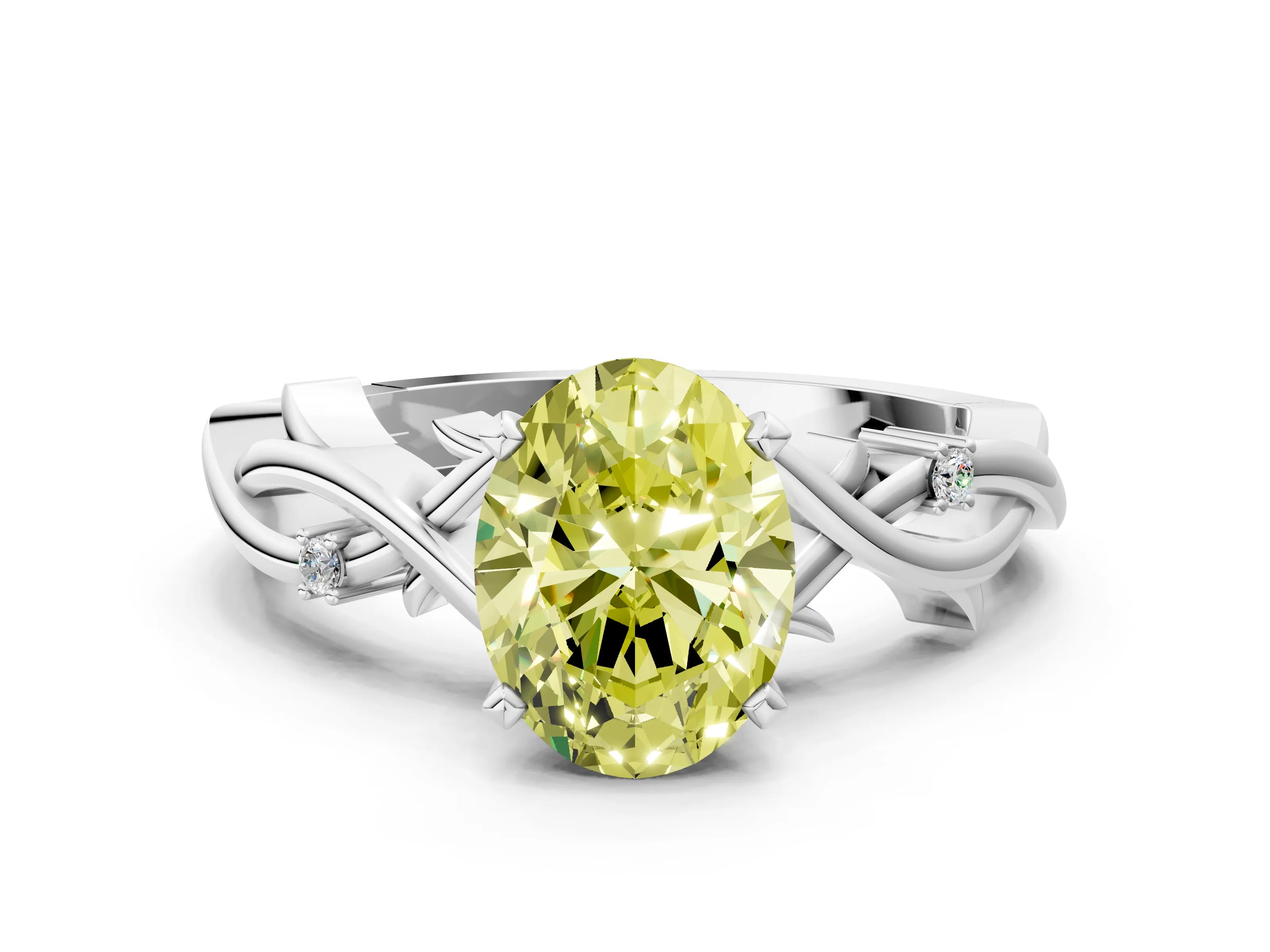 White gold Fancy Yellow Oval Cut Diamond Solitaire Ring with Twisted Band and Prong Setting_230