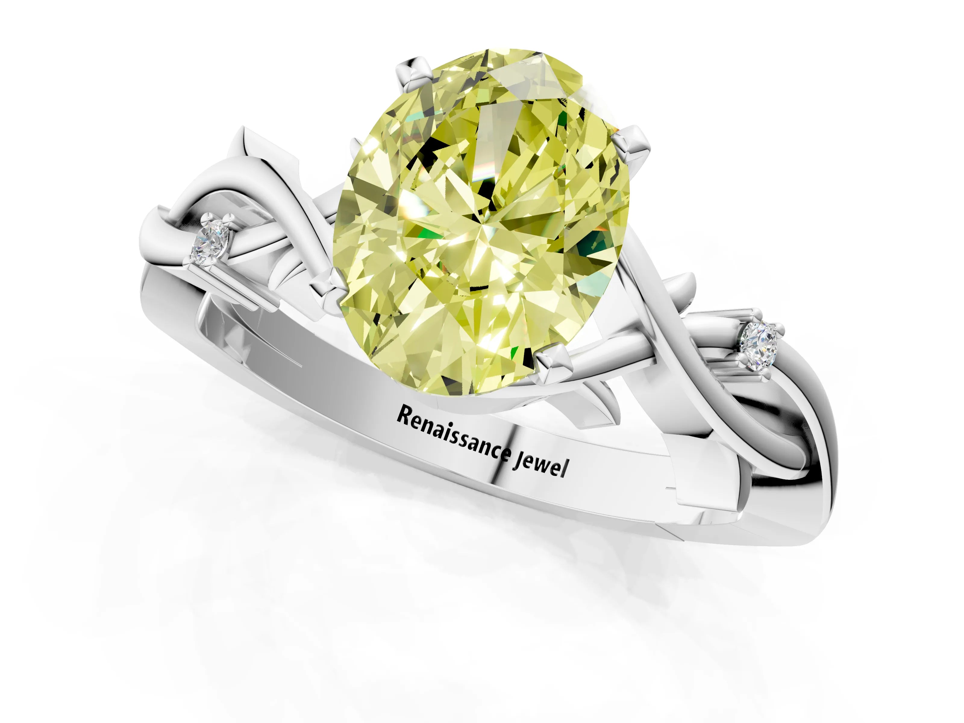 White gold Fancy Yellow Oval Cut Diamond Solitaire Ring with Twisted Band and Prong Setting_231