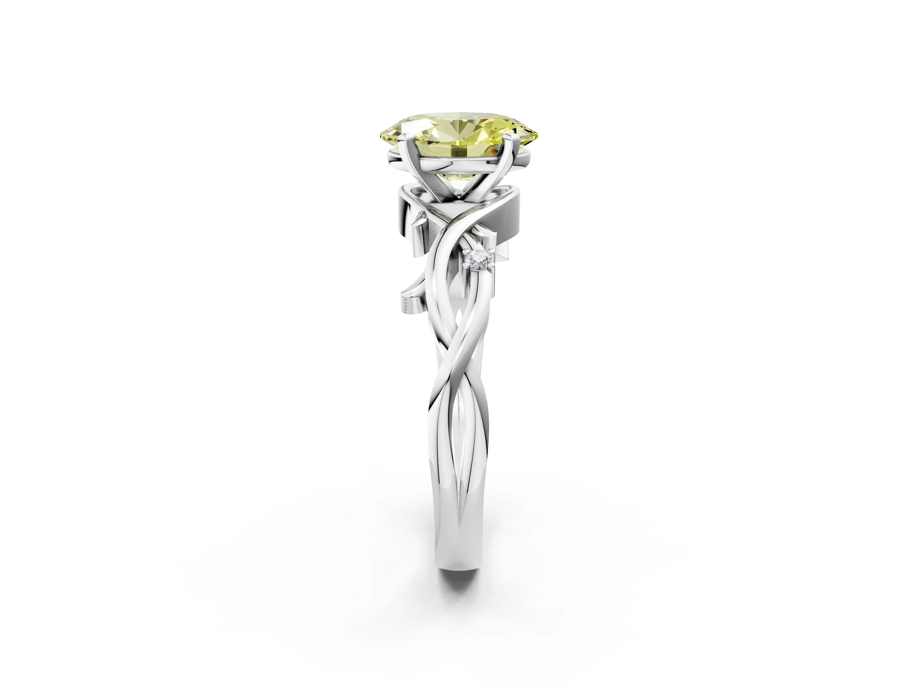 White gold Fancy Yellow Oval Cut Diamond Solitaire Ring with Twisted Band and Prong Setting_232