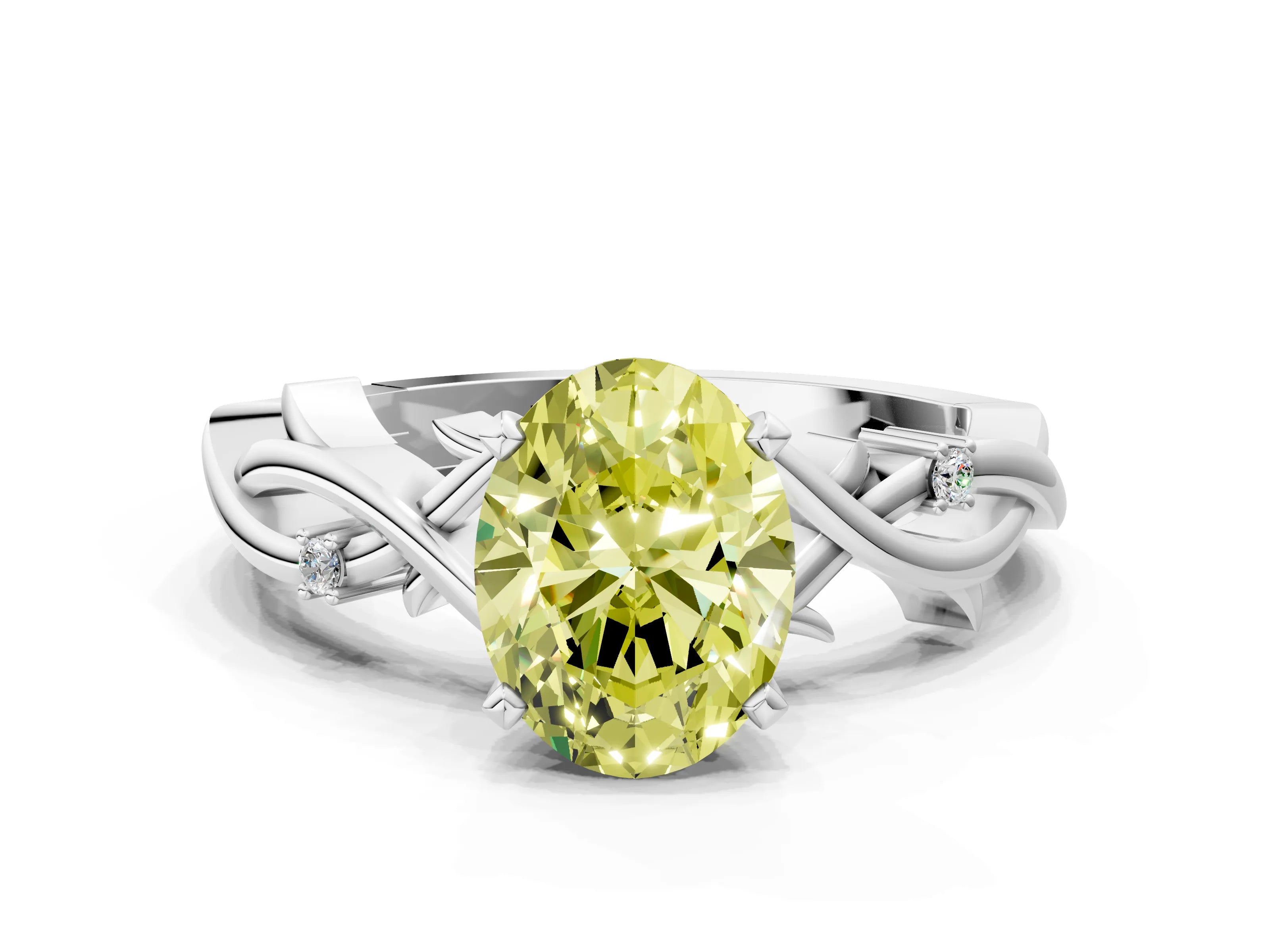 White gold Fancy Yellow Oval Cut Diamond Solitaire Ring with Twisted Band and Prong Setting_242