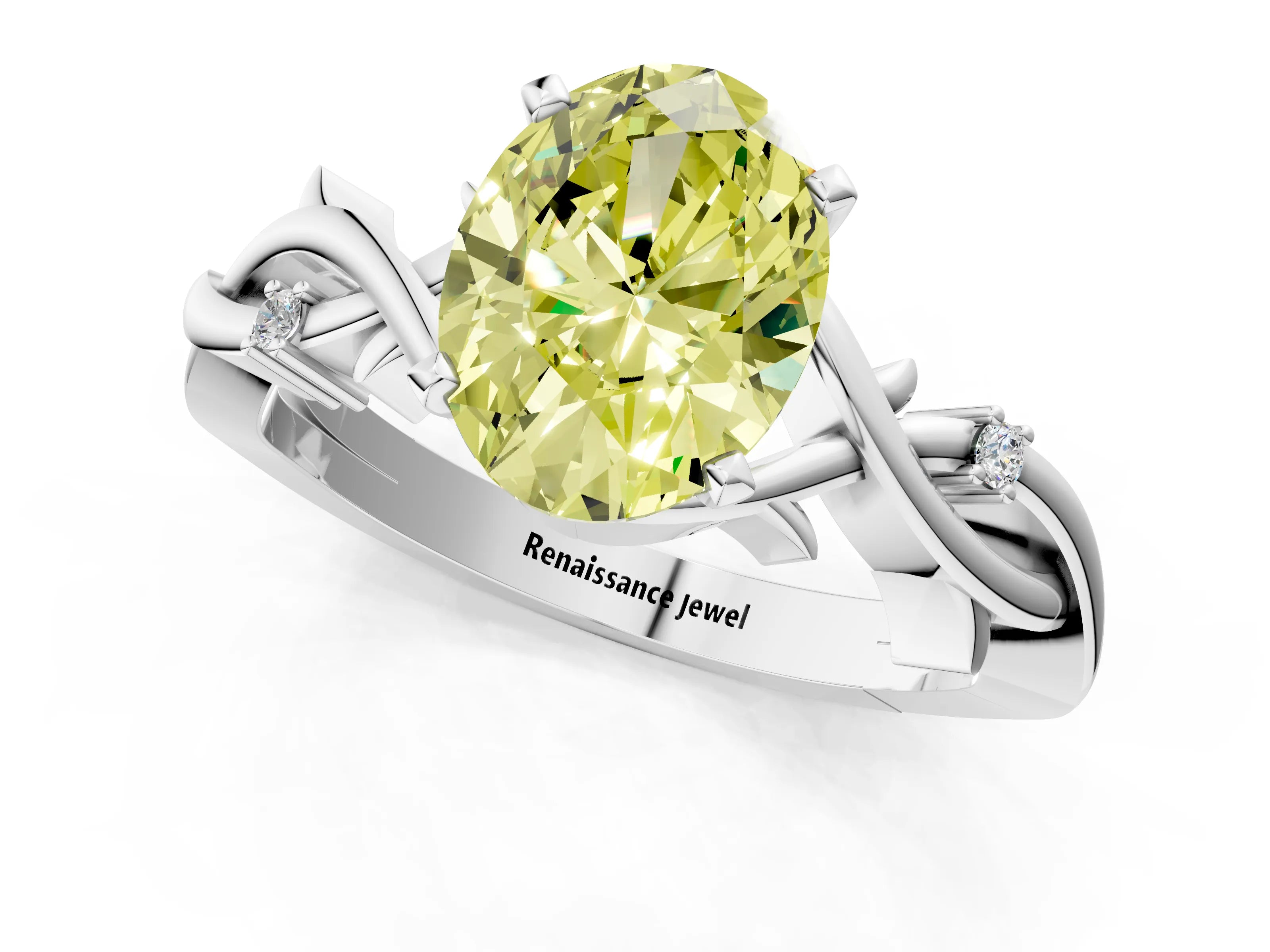 White gold Fancy Yellow Oval Cut Diamond Solitaire Ring with Twisted Band and Prong Setting_243