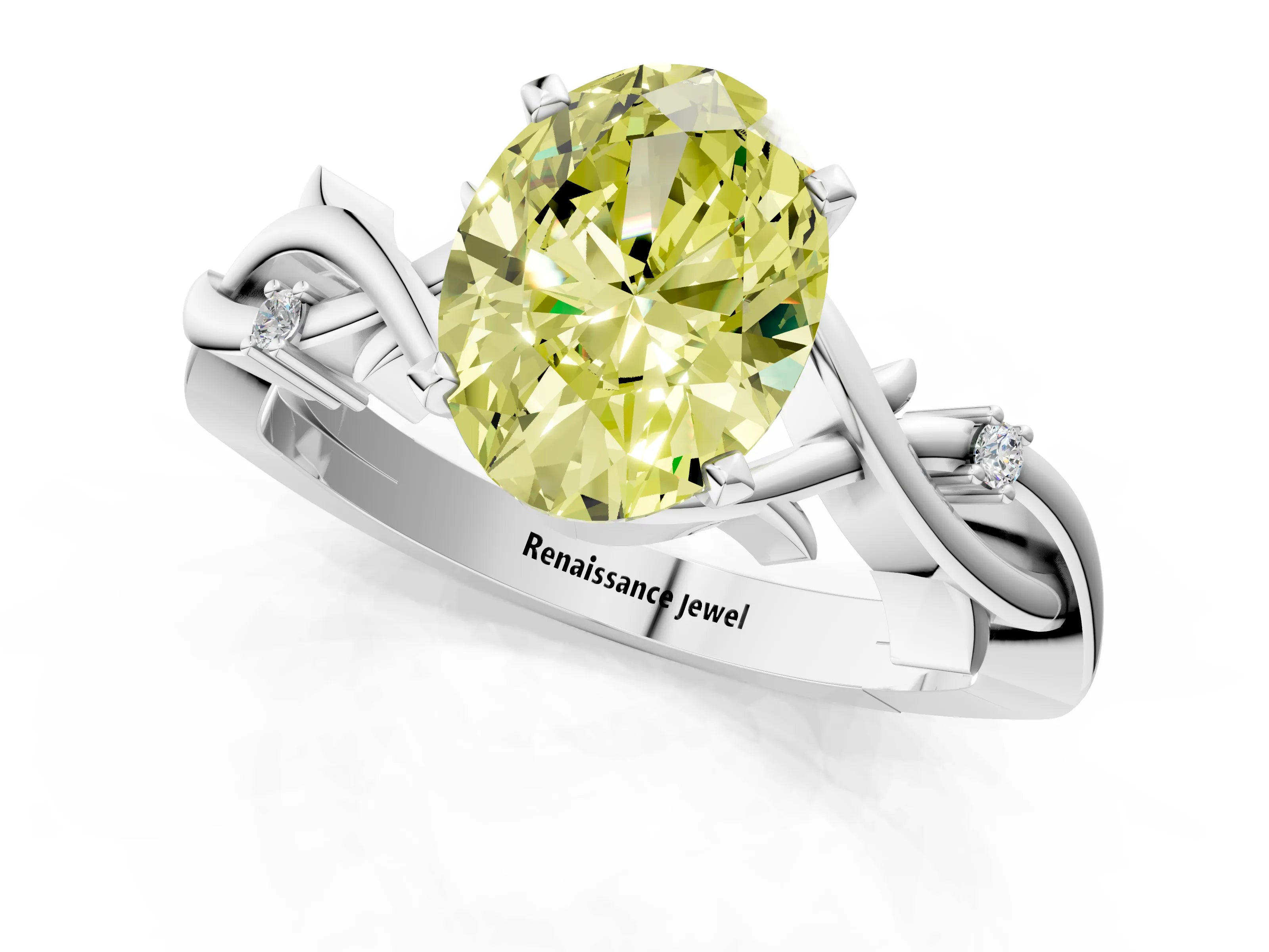 White gold Fancy Yellow Oval Cut Diamond Solitaire Ring with Twisted Band and Prong Setting_243