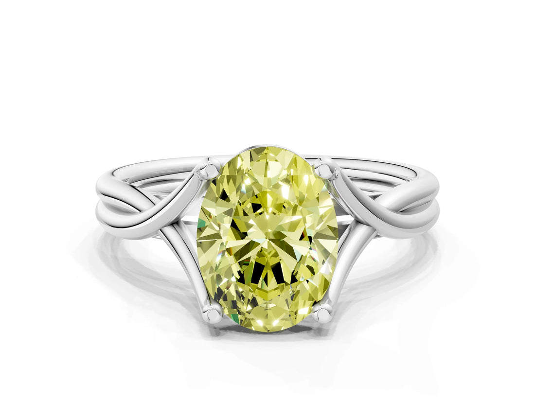 White gold Fancy Yellow Oval Cut Diamond Solitaire Twist Band Prong Setting Ring_79