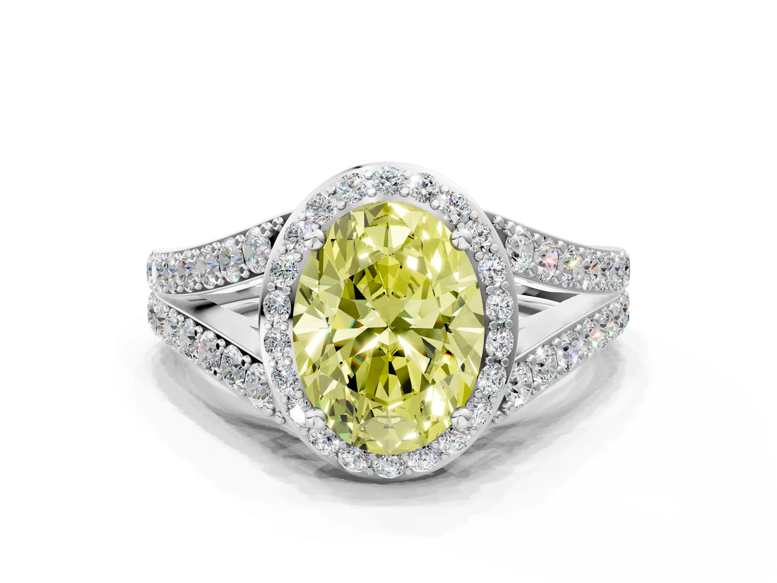 White gold Fancy Yellow Oval Cut Diamond Split Shank Halo Ring with Four-Prong Setting_94
