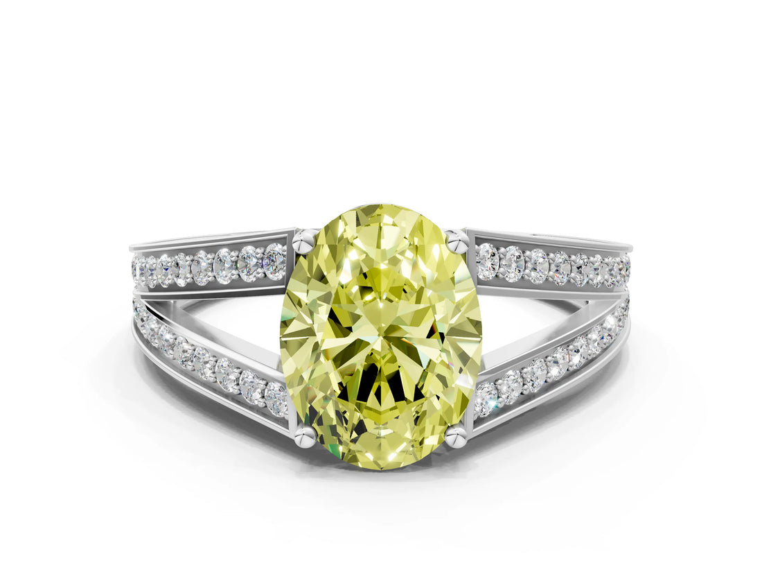 White gold Fancy Yellow Oval Cut Diamond Split Shank Ring with Pavé Band and Four-Prong Setting_61