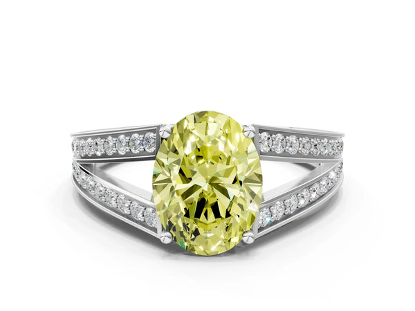 Platinum Oval Pave Split Shank Engagement Ring Setting for Fancy Yellow Center with Engraved Sides