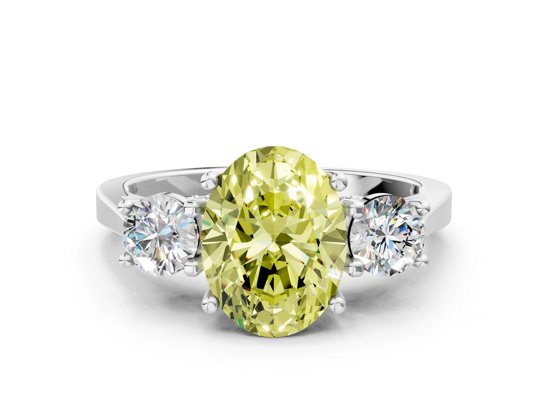 White gold Fancy Yellow Oval Cut Diamond Three-Stone Engagement Ring with Prong Setting and Pavé Band_36