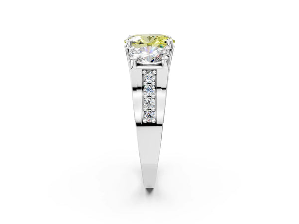 White gold Fancy Yellow Oval Cut Diamond Three-Stone Ring with Channel Set Band and Four-Prong Setting