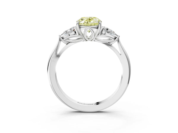 Platinum Oval Three Stone Pear Side Engagement Ring Setting for Fancy Yellow Center