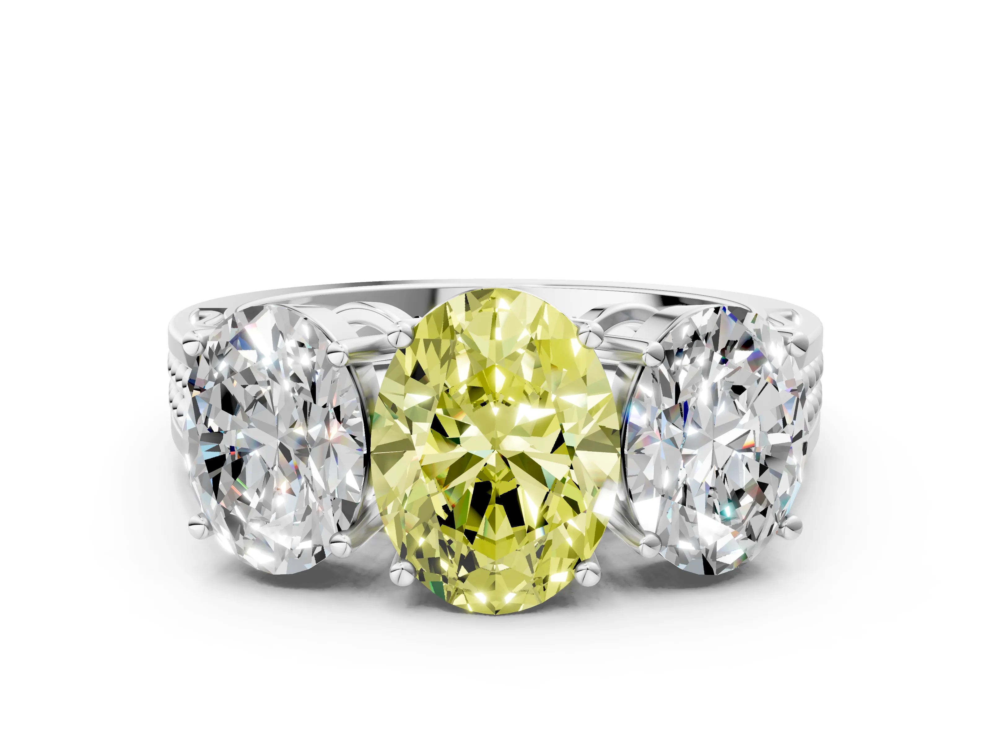 White gold Fancy Yellow Oval Cut Diamond Three-Stone Ring with Prong Setting and Textured Band